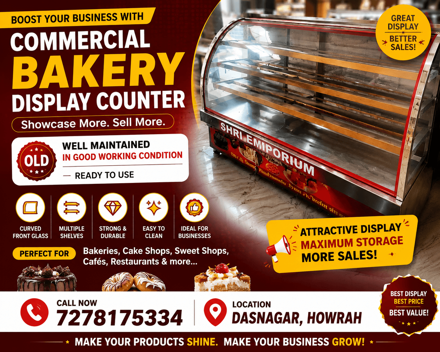 commercial bakery display counter/display showcase for sale in Howrah, West Bengal