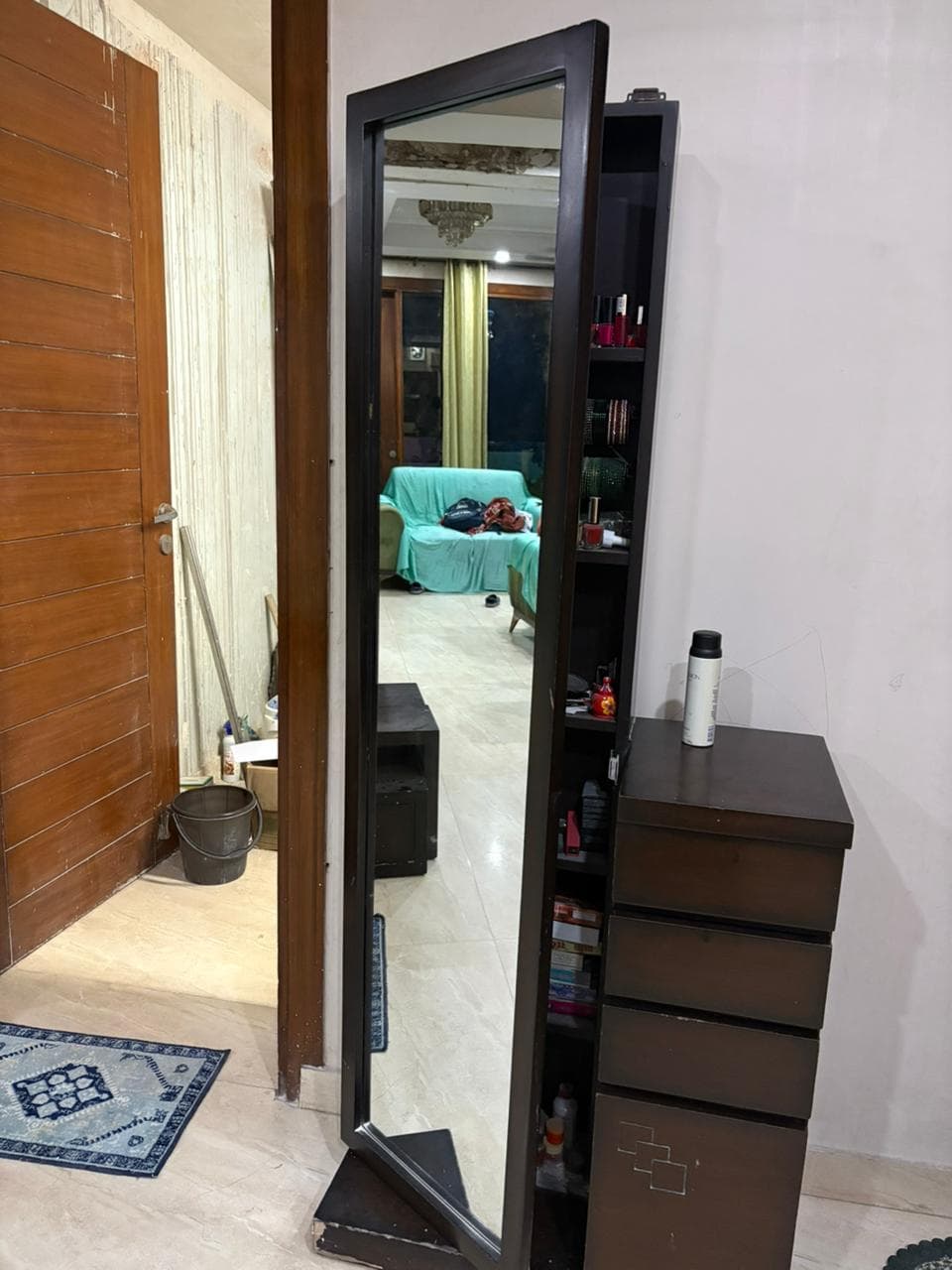 Title: Compact Wooden Dresser with Tall Mirror - Thumbnail 2
